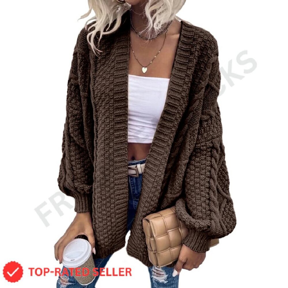 Oversized Cable Knit Cardigan Chunky Lantern Sleeve Open Front Cozy Sweater